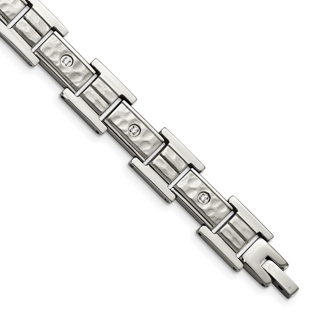 Chisel Stainless Steel Brushed Polished and Hammered with CZ 8.5 inch Bracelet, 8.5 x 12.05 mm