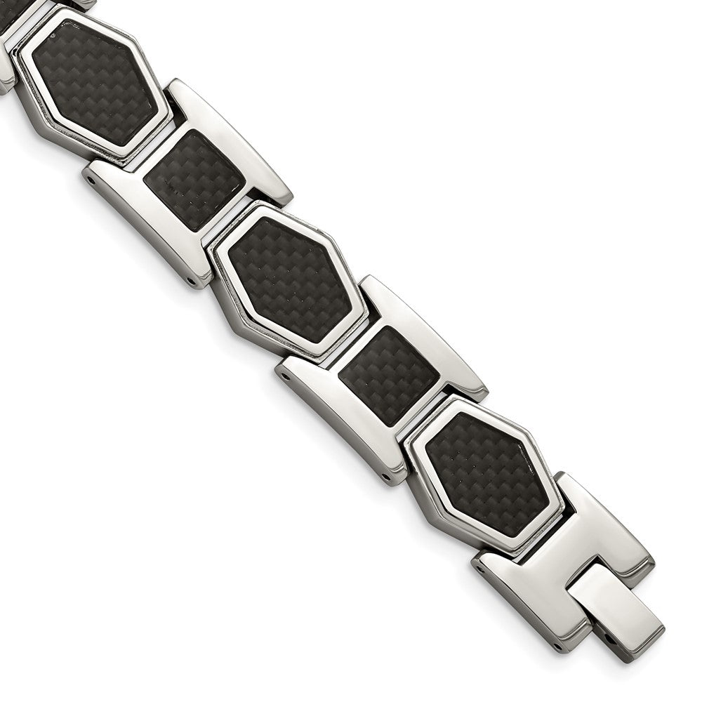 Chisel Stainless Steel Polished with Black Carbon Fiber Inlay 8.75 inch Link Bracelet, 8.75 x 13.92 mm