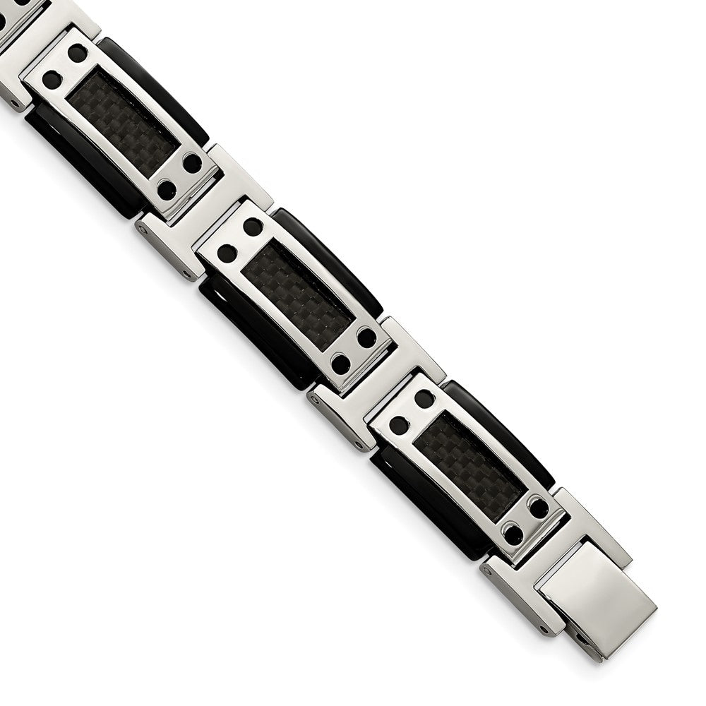 Chisel Stainless Steel Polished Black IP-plated with Black Carbon Fiber Inlay 8.5 inch Link Bracelet, 8.5 x 12.07 mm