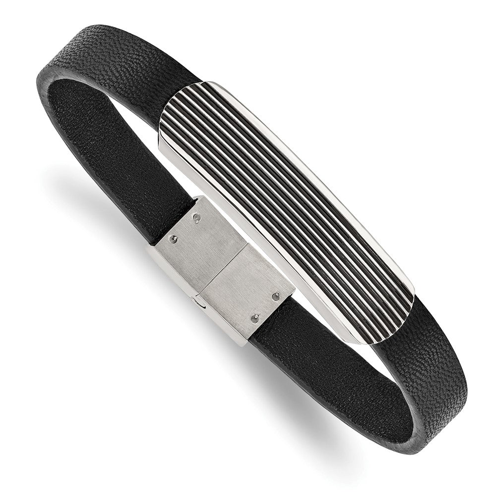 Chisel Stainless Steel Polished Enameled Striped Black Leather 8.5 inch Bracelet, 8.5 x 9.96 mm