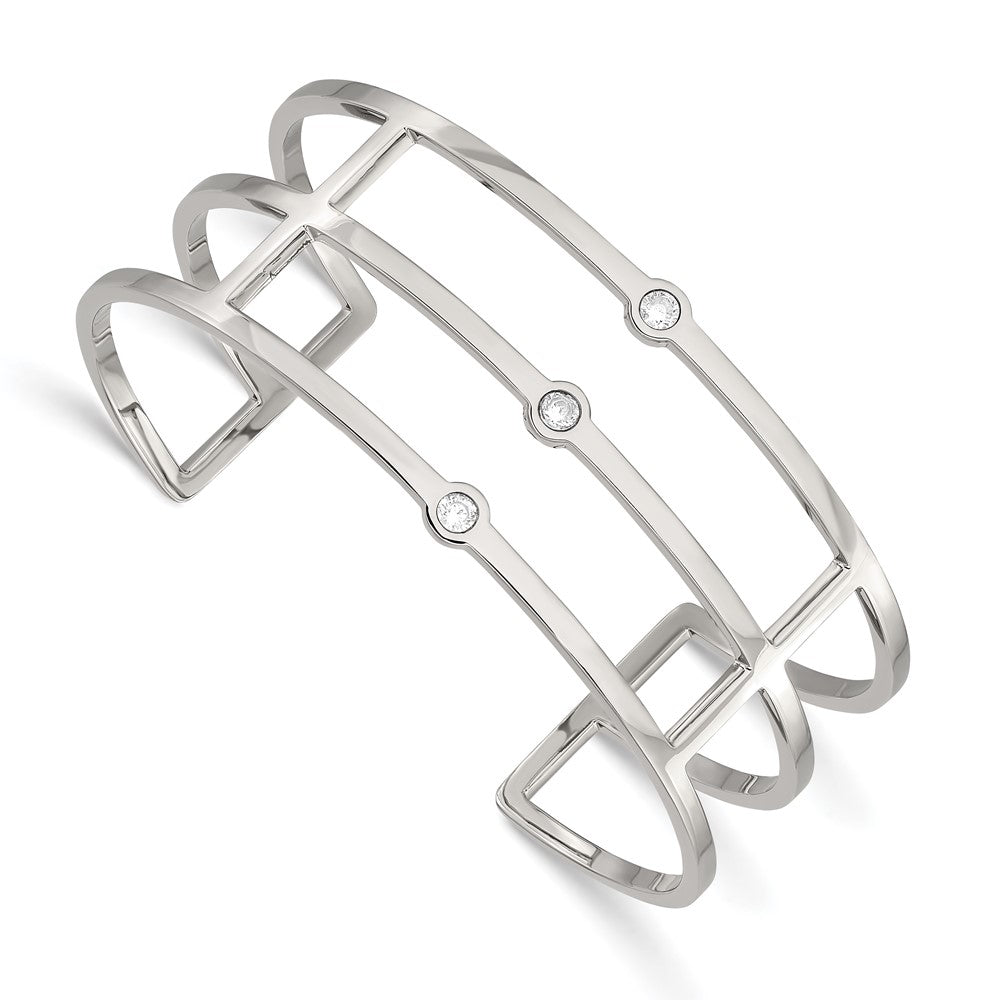 Stainless Steel Polished CZ Cuff Bangle, 24.94 mm