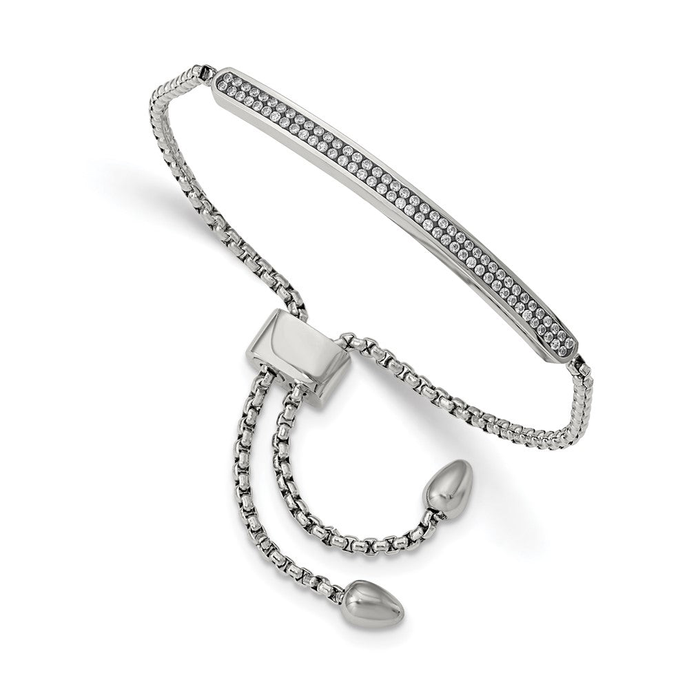 Chisel Stainless Steel Polished with 2 Row CZ Bar Friendship/Bolo Adjustable Bracelet, 3.5 mm