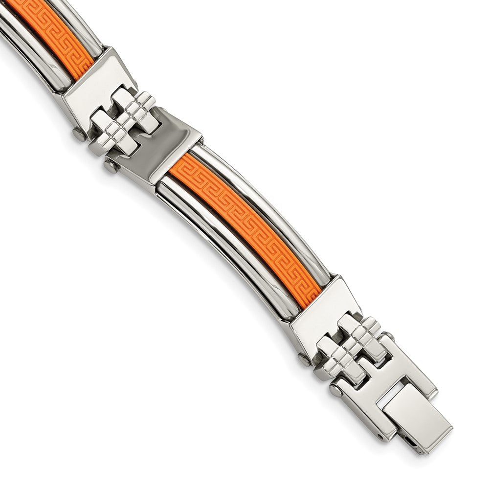Chisel Stainless Steel Polished with Orange Greek Key Design Rubber Inlay 9 inch Bracelet, 9 x 11 mm