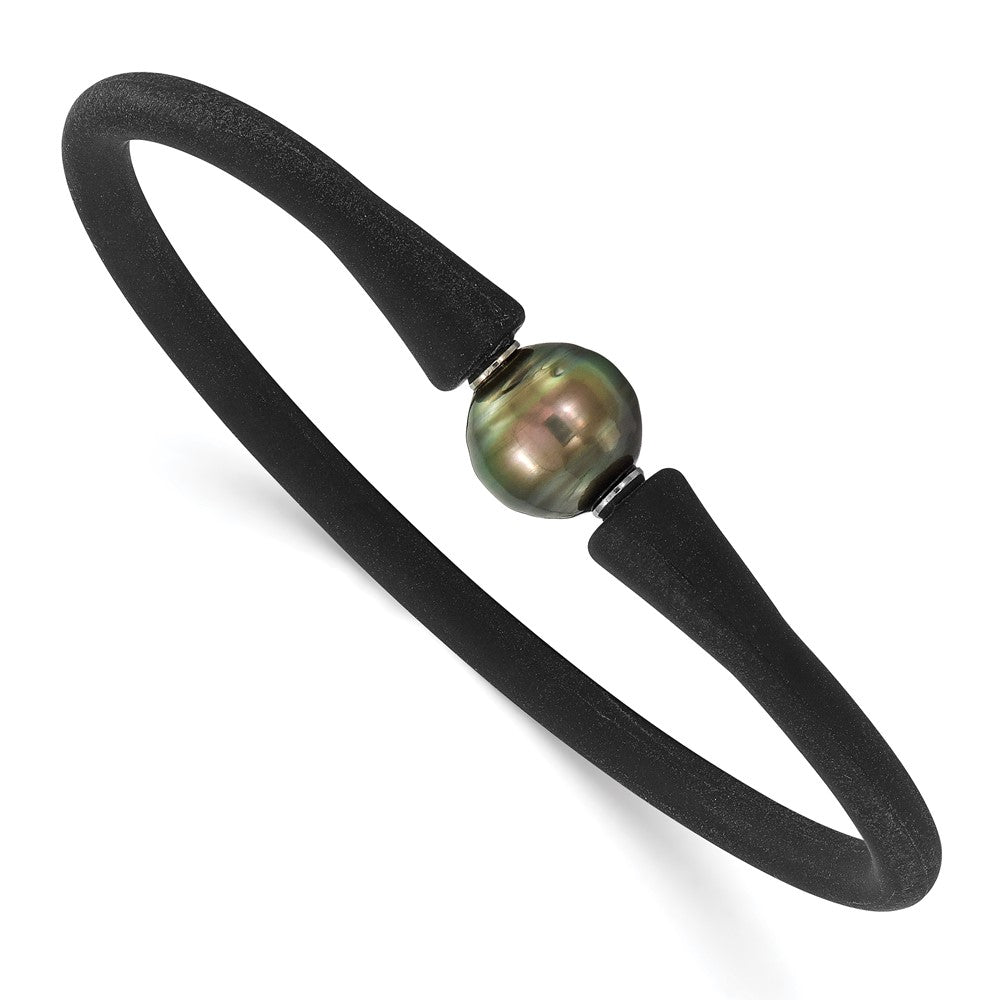 Chisel Stainless Steel 10-11mm Black Tahitian Pearl Black Silicone Bracelet with Hidden Clasp, 6.75 mm