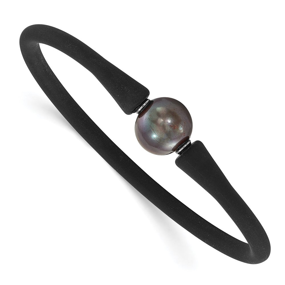 Chisel Stainless Steel 11-12mm Black Freshwater Cultured Pearl Black Silicone Bracelet with Hidden Clasp, 6.75 x 4 mm