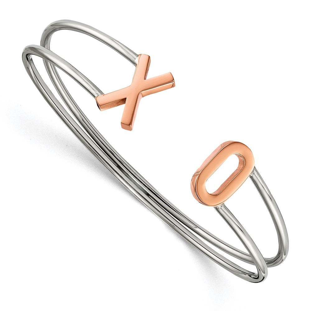 Stainless Steel Polished Rose IP-plated XO Flexible Cuff Bangle, 11.63 mm