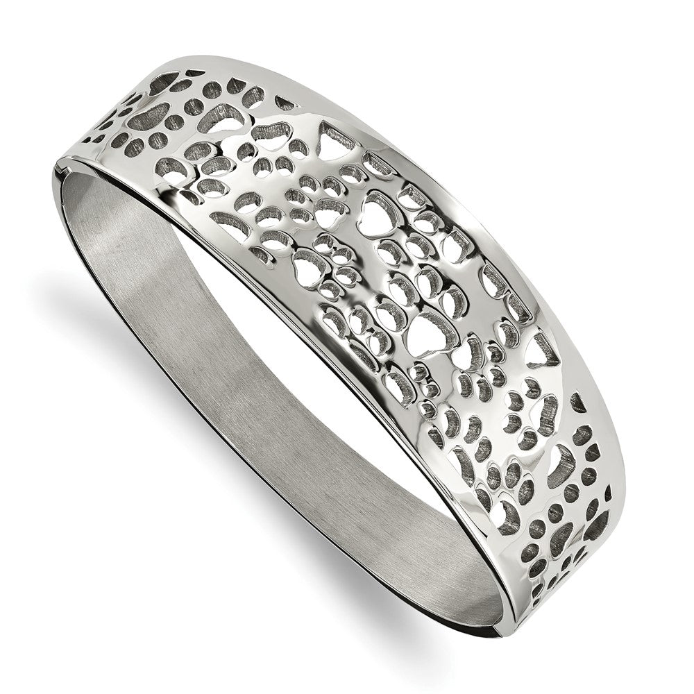 Chisel Stainless Steel Polished Paw Print Cut-out Hinged Bangle, 7.25 x 22 mm