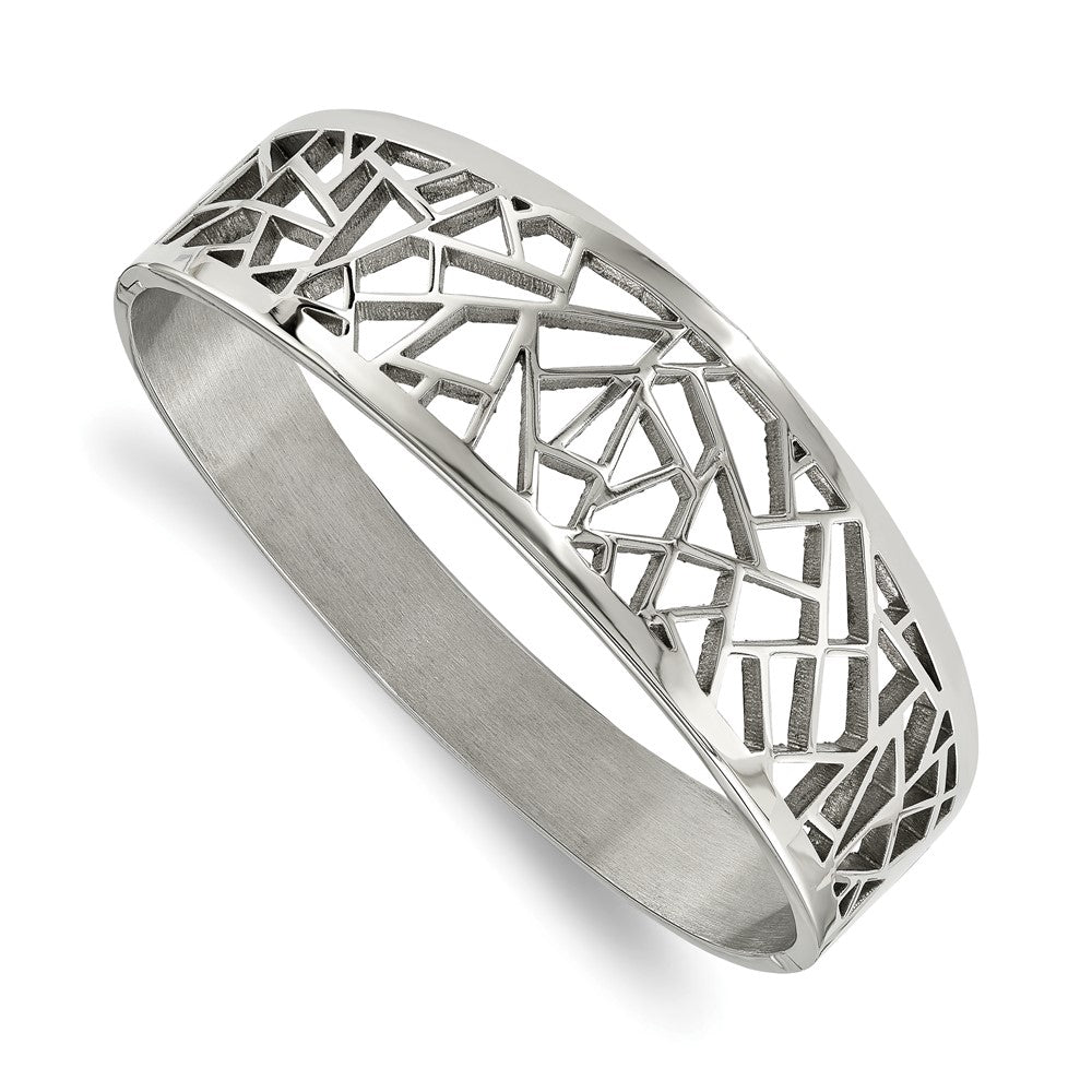 Stainless Steel Polished Geometric Cut-out Hinged Bangle, 22.5 mm