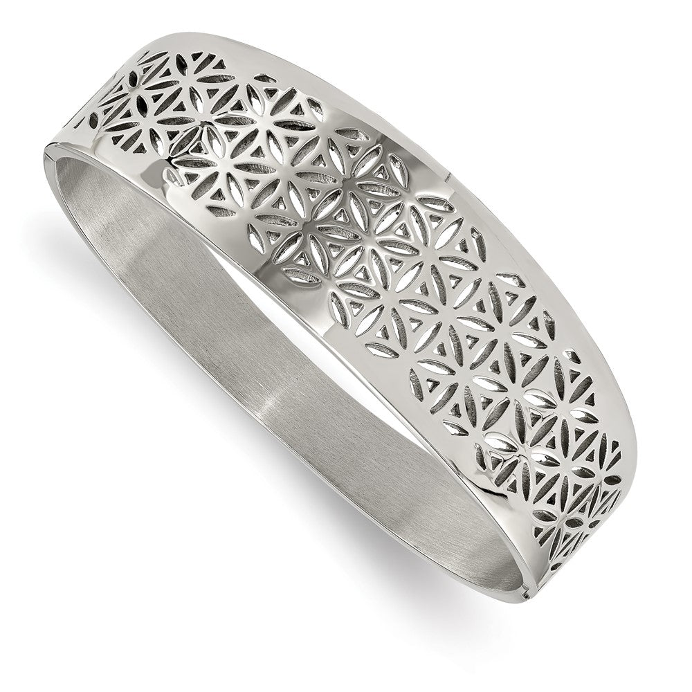 Chisel Stainless Steel Polished Flower Cut-out Hinged Bangle, 7 x 22 mm
