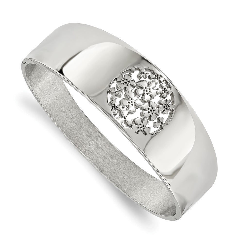 Stainless Steel Polished Circle Flower Cut-out Hinged Bangle, 22.3 mm