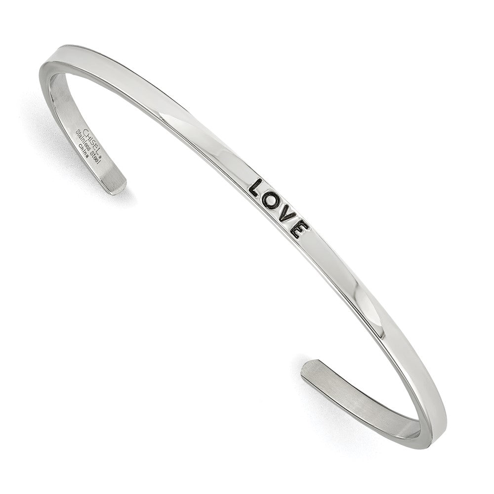 Chisel Stainless Steel Polished and Enameled with Crystal LOVE 3mm Cuff Bangle, 6.75 x 3 mm