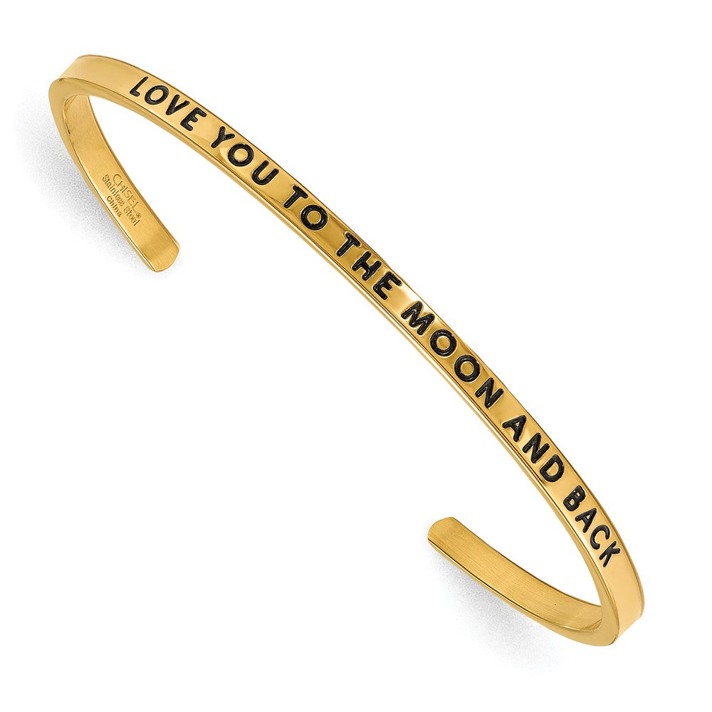Chisel Stainless Steel Polished and Enameled Yellow IP-plated with Crystal LOVE YOU TO THE MOON AND BACK 3mm Cuff Bangle, 7 x 3 mm