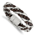 Chisel Stainless Steel Polished Brown Braided Leather 8.5 inch Bracelet, 8.5 x 3 mm