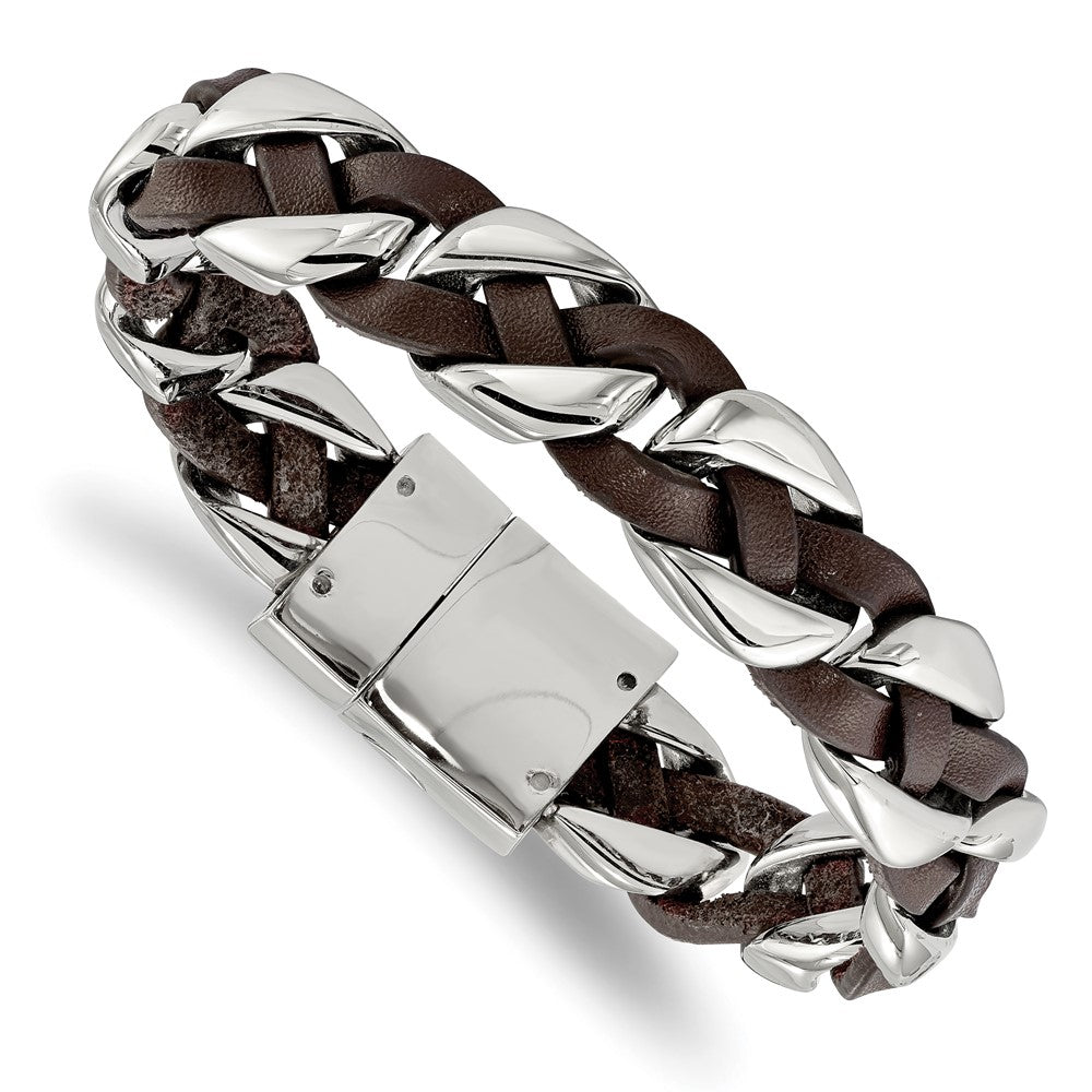 Chisel Stainless Steel Polished Brown Braided Leather 8.5 inch Bracelet, 8.5 x 3 mm
