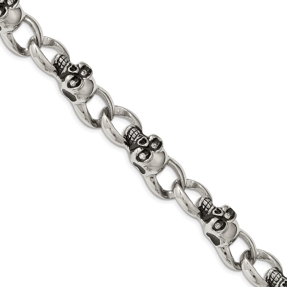 Chisel Stainless Steel Antiqued and Polished with CZ Skull Link 9 inch Bracelet, 9 x 12.51 mm