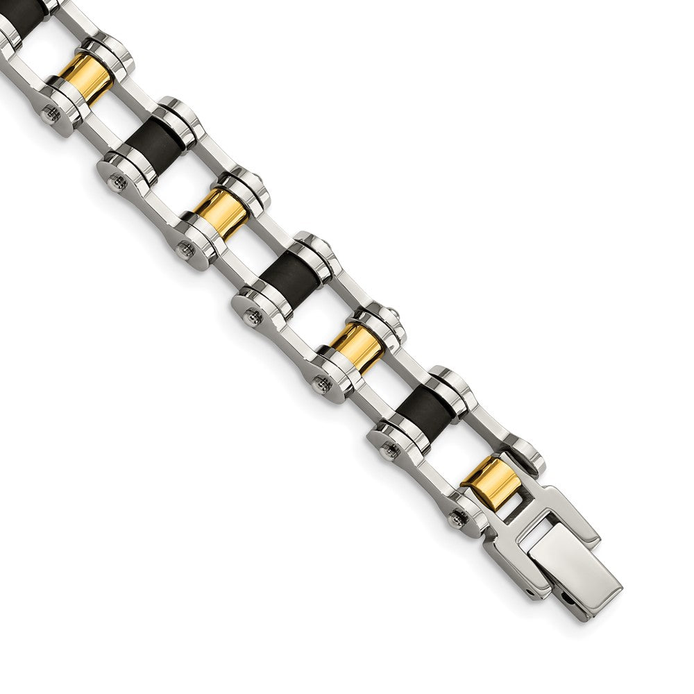 Chisel Stainless Steel Polished Yellow IP-plated with Black Rubber 8.75 inch Bracelet, 8.75 x 10 mm