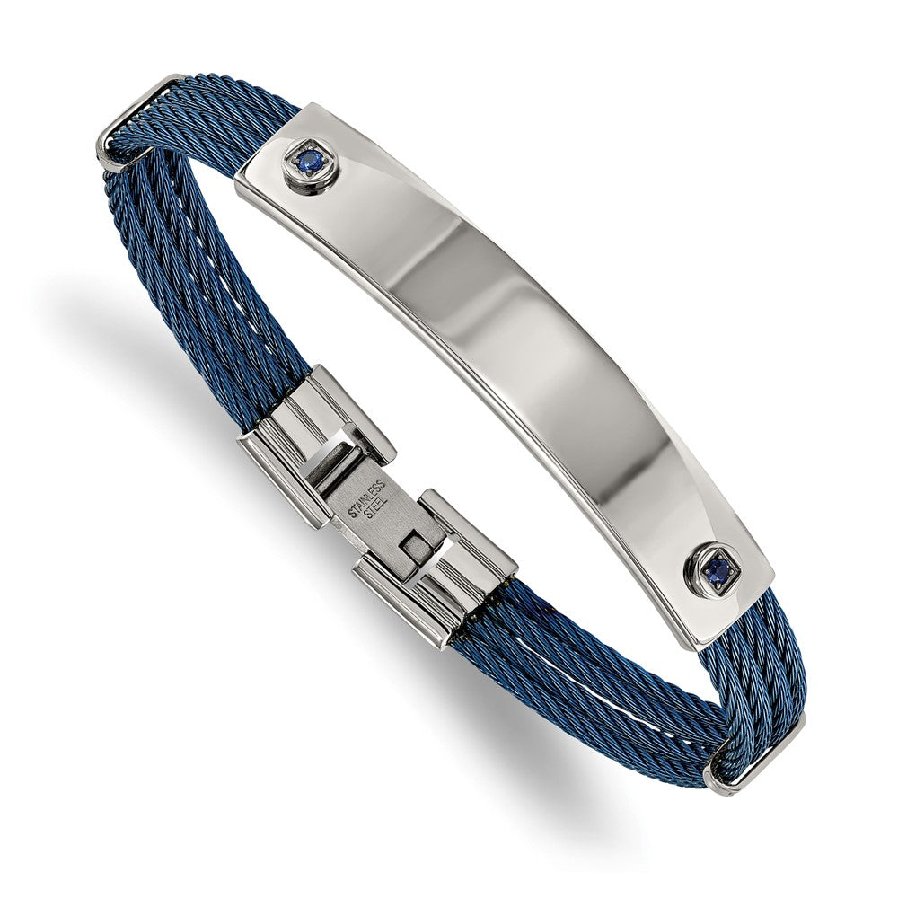 Chisel Stainless Steel Polished Blue IP-plated Cable with Blue CZ 7.25 inch ID Bracelet, 7.25 x 9.2 mm