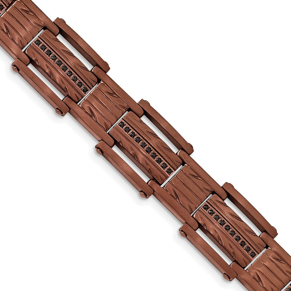 Chisel Stainless Steel Brushed and Textured Brown IP-plated with Black CZ 8.25 inch Link Bracelet, 8.25 x 15.8 mm