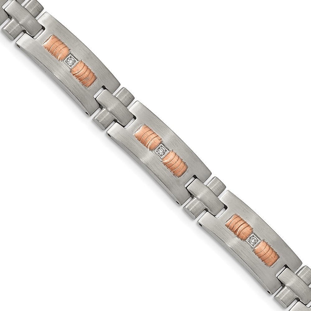 Chisel Stainless Steel Brushed and Textured Rose IP-plated with CZ 8.5 inch Link Bracelet, 8.5 x 11.2 mm