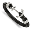 Chisel Stainless Steel Polished Anchor Black Braided Leather 8.5 inch Bracelet, 8.5 x 6.5 mm