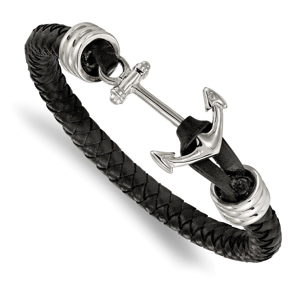 Chisel Stainless Steel Polished Anchor Black Braided Leather 8.5 inch Bracelet, 8.5 x 6.5 mm