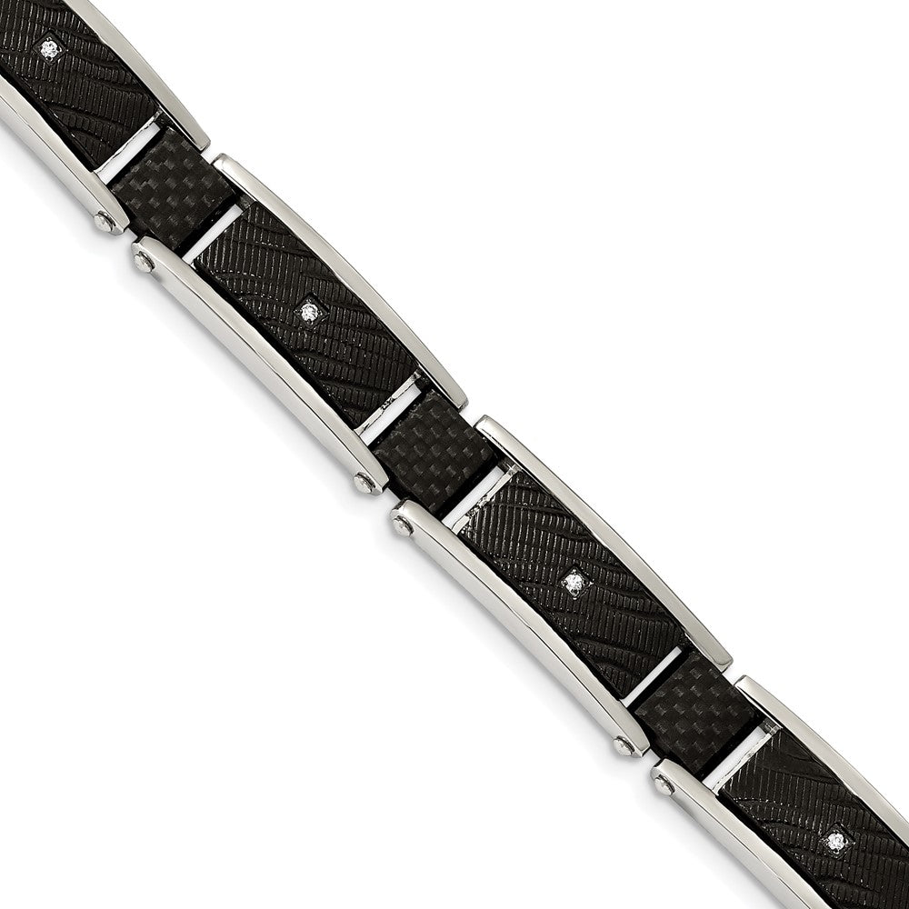 Chisel Stainless Steel Polished and Textured Black IP-plated with CZ and Black Carbon Fiber Inlay 8.75 inch Link Bracelet, 8.75 x 11.7 mm