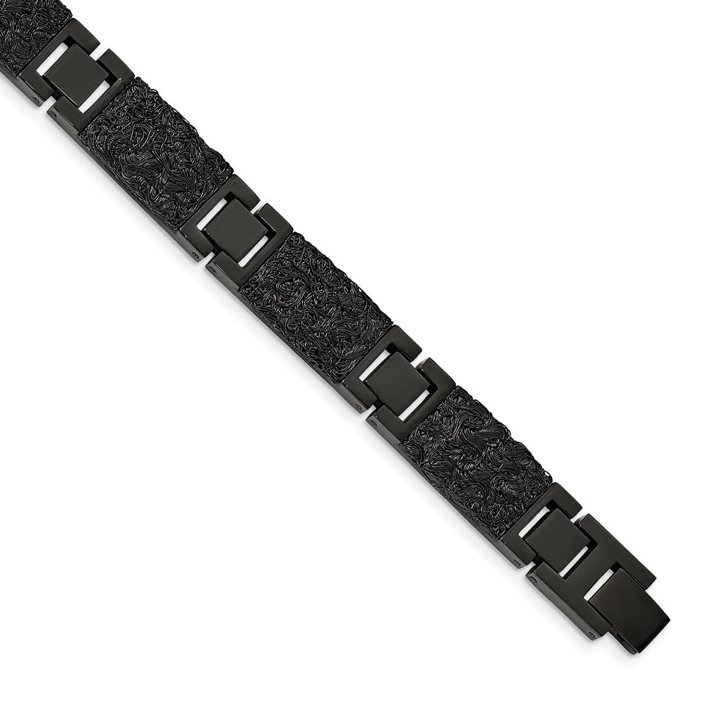 Chisel Stainless Steel Polished Black IP-plated Wire Inlay 8.5 inch Link Bracelet, 8.5 x 12.29 mm