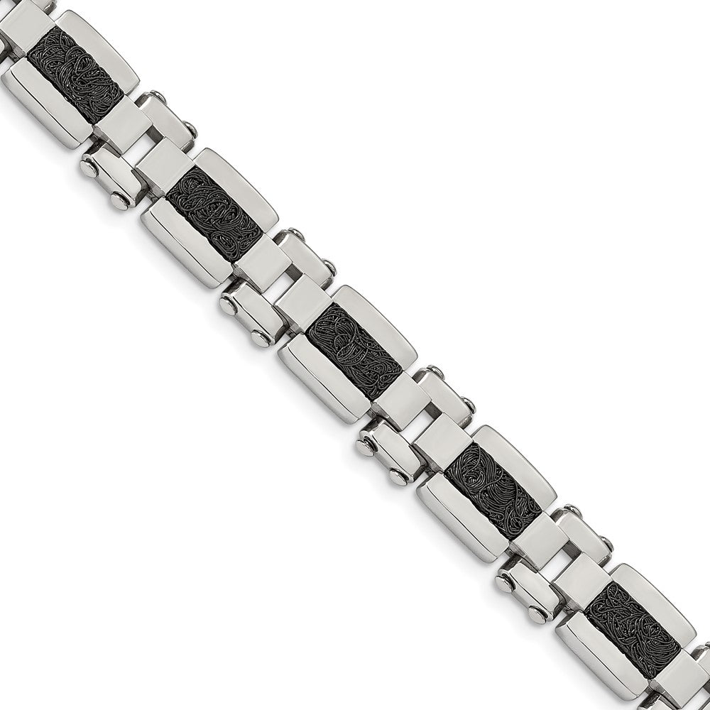 Stainless Steel Polished & Textured Black IP-plated Wire Inlay 8.5in Bracel, 8.5 x 11.7 mm