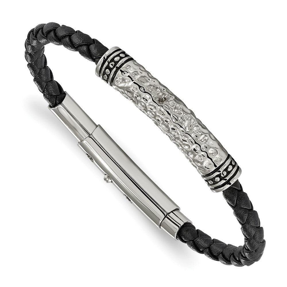 Chisel Stainless Steel Antiqued Polished and Hammered Black Braided Leather Adjustable 7.5 to 8 inch Bracelet, 7.5 x 4.88 mm