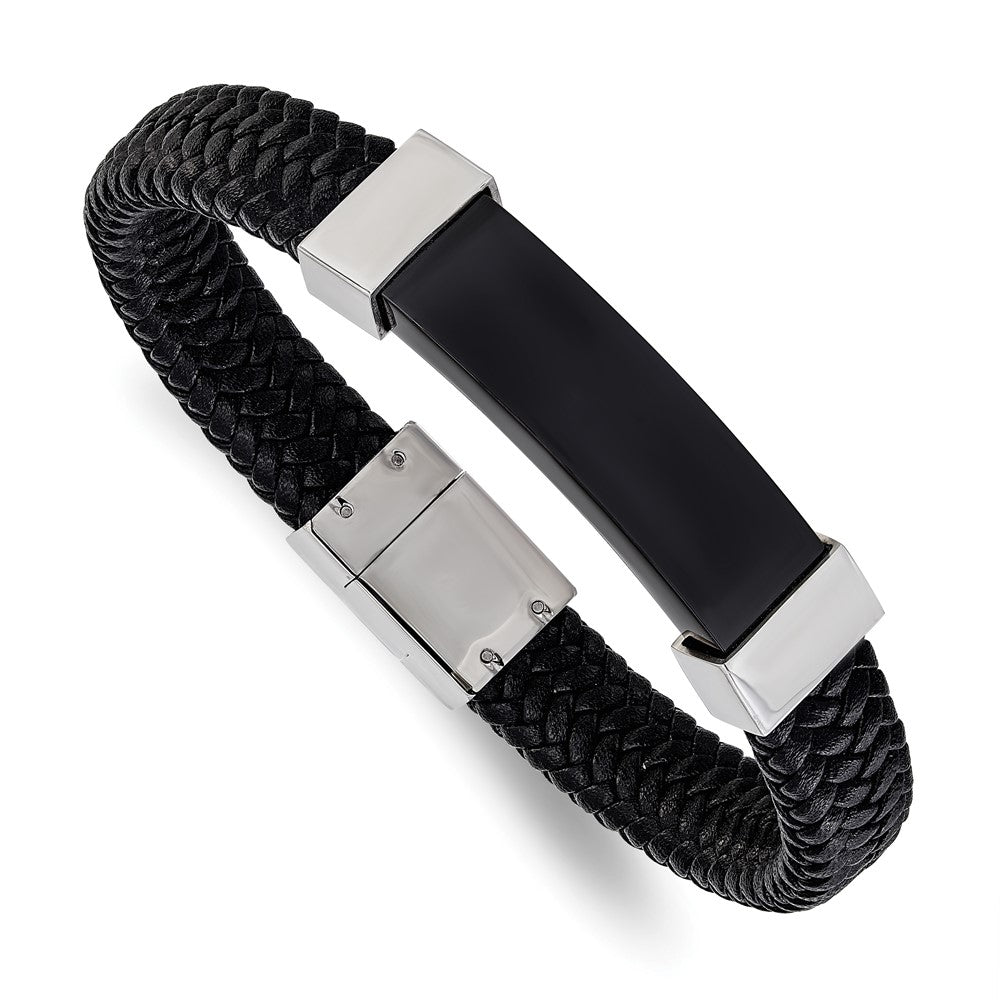 Chisel Stainless Steel Polished Black IP-plated Black Braided Leather 8.5 inch Bracelet, 8.5 x 10 mm