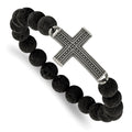 Chisel Stainless Steel Antiqued Gun Metal IP-plated Cross 10.5mm Lava Stone Beaded Stretch Bracelet, 7.75 x 10 mm