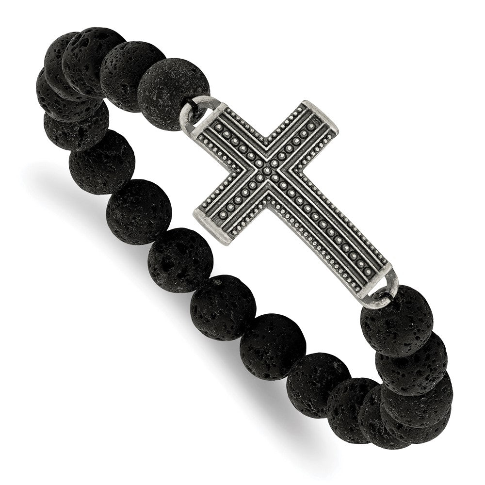 Chisel Stainless Steel Antiqued Gun Metal IP-plated Cross 10.5mm Lava Stone Beaded Stretch Bracelet, 7.75 x 10 mm