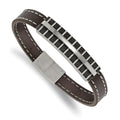 Stainless Steel Polished Black IP Lasercut Brown Leather 8.25in Bracelet, 8.25 x 10.2 mm