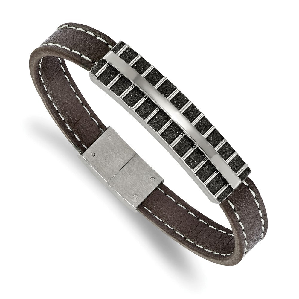 Stainless Steel Polished Black IP Lasercut Brown Leather 8.25in Bracelet, 8.25 x 10.2 mm