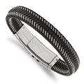Chisel Stainless Steel Polished Braided Wire and Black Leather Adjustable 8 to 8.5 inch Bracelet, 13 mm
