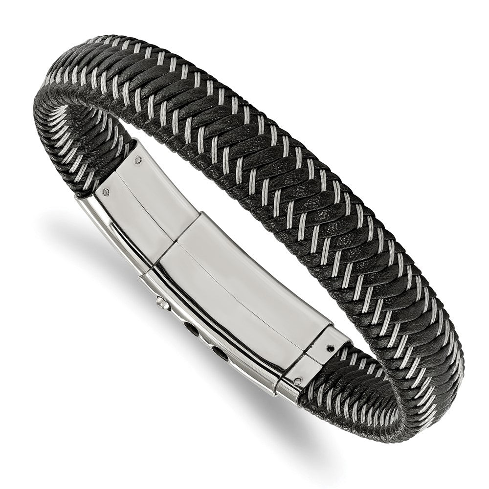 Chisel Stainless Steel Polished Braided Wire and Black Leather Adjustable 8 to 8.5 inch Bracelet, 13 mm