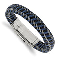 Chisel Stainless Steel Polished Braided Wire and Black and Blue Leather Adjustable 7.75 to 8.25 inch Bracelet, 13 mm