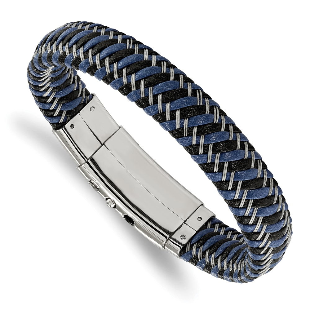 Chisel Stainless Steel Polished Braided Wire and Black and Blue Leather Adjustable 7.75 to 8.25 inch Bracelet, 13 mm