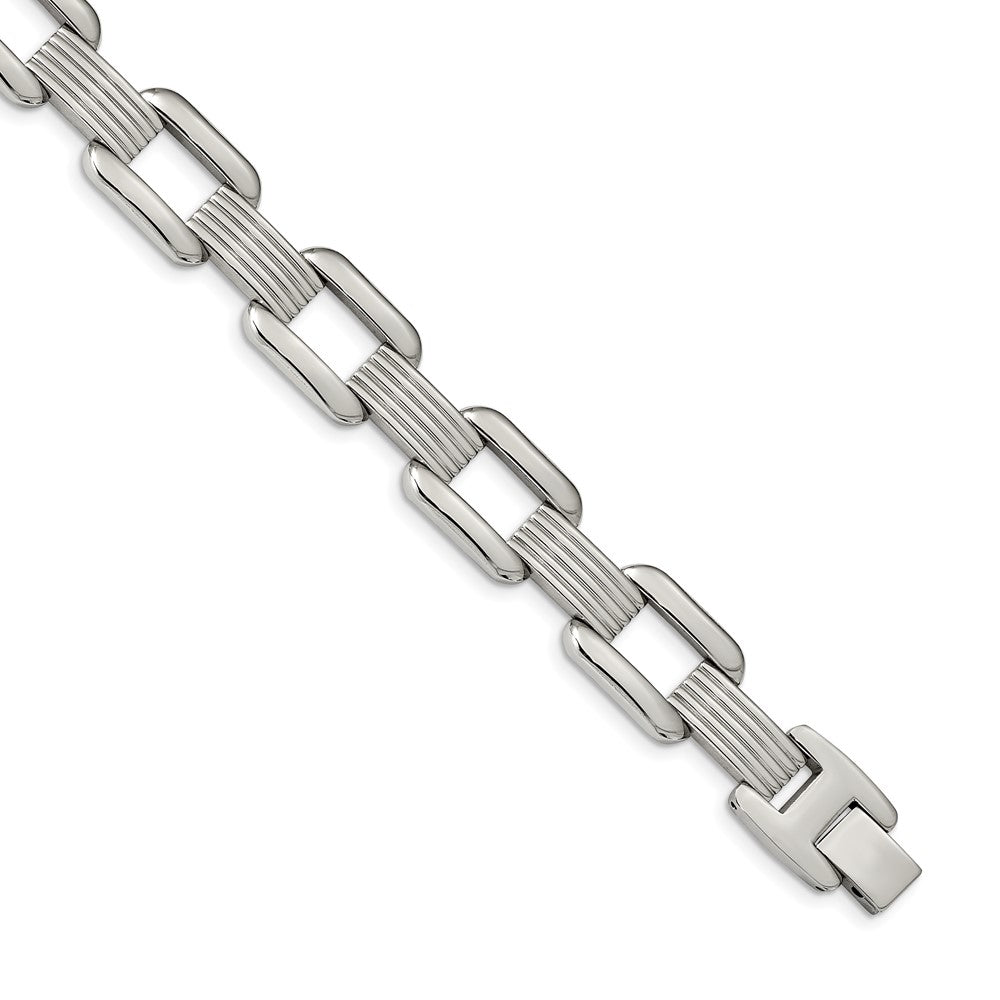 Chisel Stainless Steel Polished and Textured 8.5 inch Rounded Square Open Link Bracelet, 8.5 x 14.1 mm