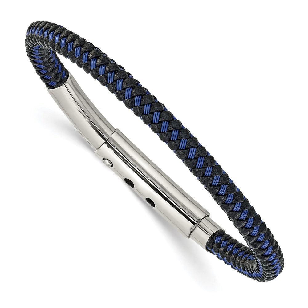 Chisel Stainless Steel Polished Blue Wire and Black Polyurethane Adjustable 7.75 to 8.25 inch Bracelet, 6.5 mm