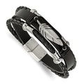 Chisel Stainless Steel Polished Feather Multi Strand Black Leather 8.25 inch Bracelet, 8.25 x 27 mm