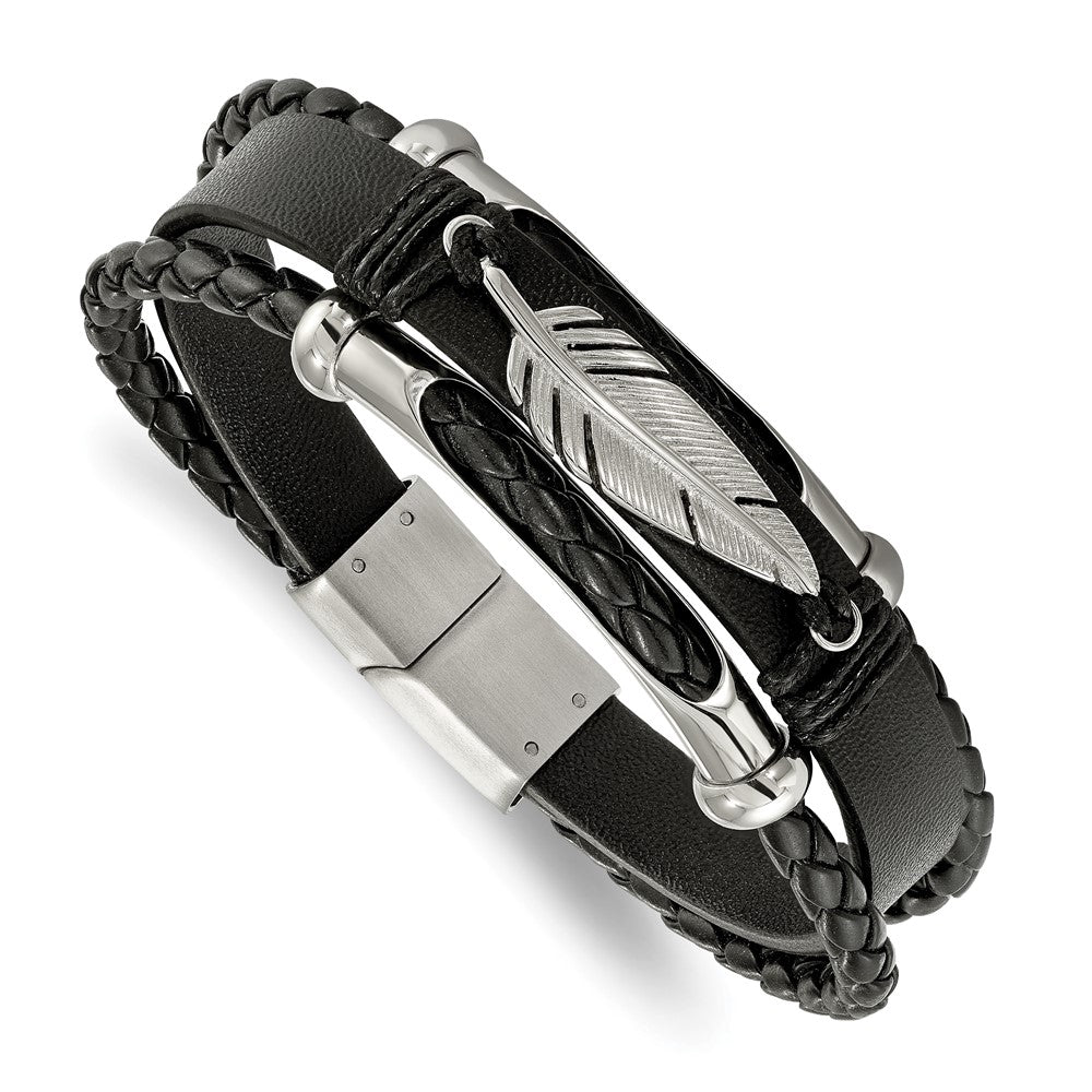 Chisel Stainless Steel Polished Feather Multi Strand Black Leather 8.25 inch Bracelet, 8.25 x 27 mm