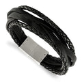 Chisel Stainless Steel Brushed Multi Strand Black Braided Leather 8.25 inch Bracelet, 8.25 x 22.25 mm