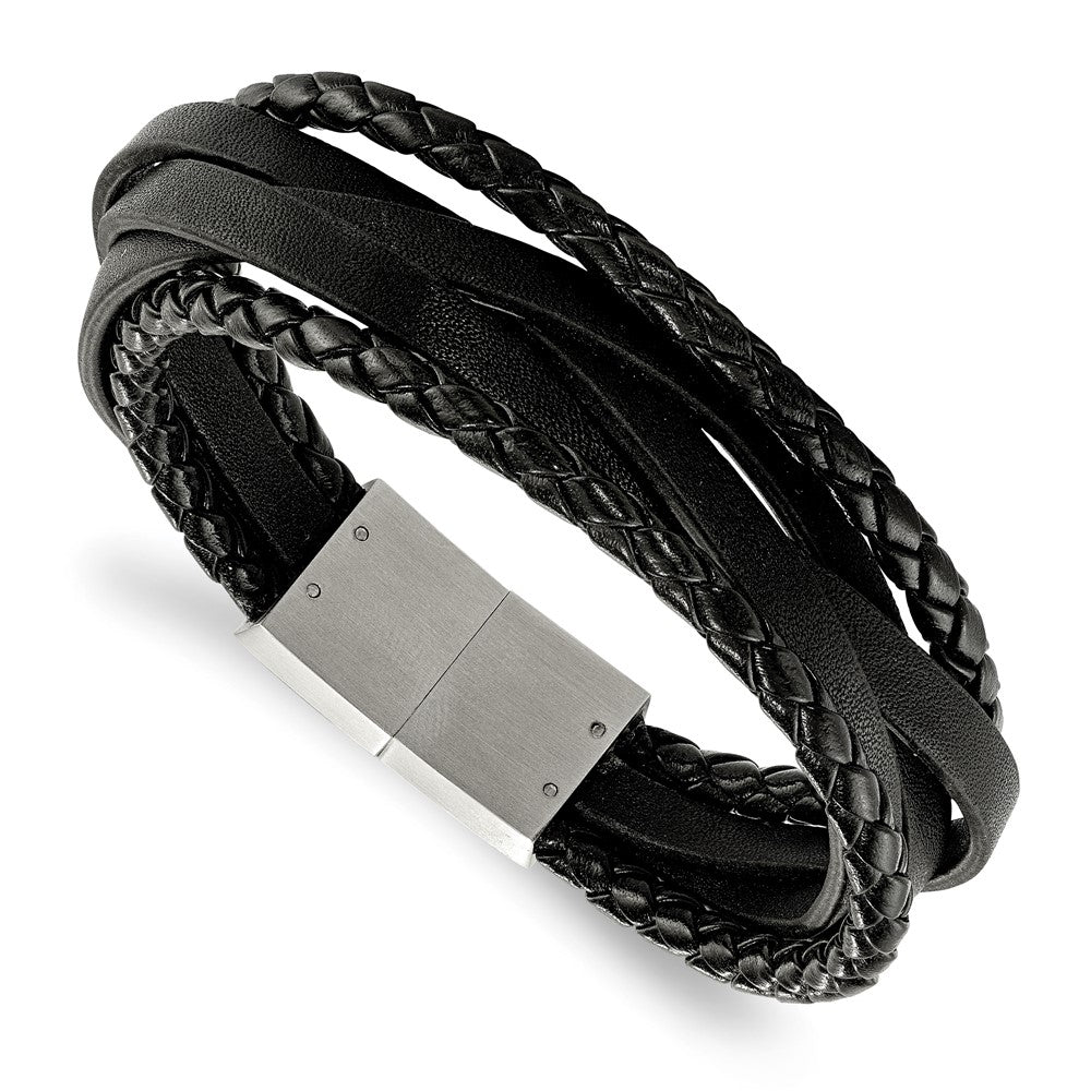 Chisel Stainless Steel Brushed Multi Strand Black Braided Leather 8.25 inch Bracelet, 8.25 x 22.25 mm