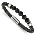 Chisel Stainless Steel Polished with Lava Stone Beads Black Leather 8.75 inch Bracelet, 9 x 5.9 mm