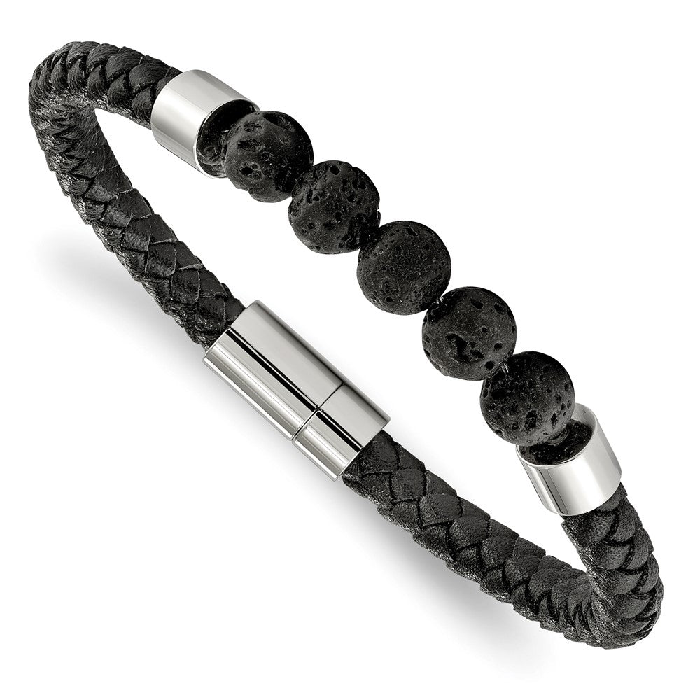 Chisel Stainless Steel Polished with Lava Stone Beads Black Leather 8.75 inch Bracelet, 9 x 5.9 mm