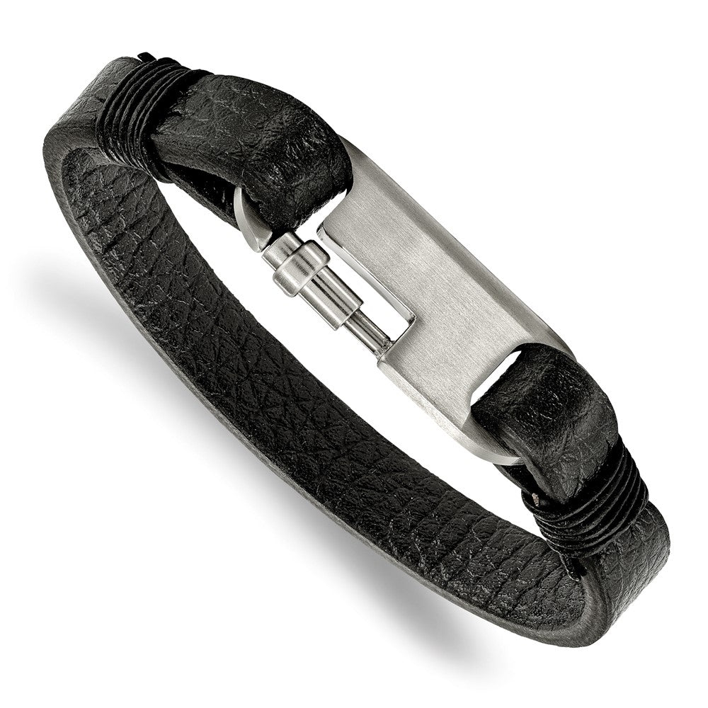 Chisel Stainless Steel Brushed Black Leather 8 inch Bracelet, 8 x 9 mm