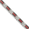 Chisel Stainless Steel Polished with Black Carbon Fiber and Red Fiberglass Inlay 9.25 inch Link Bracelet, 9.25 x 13.87 mm