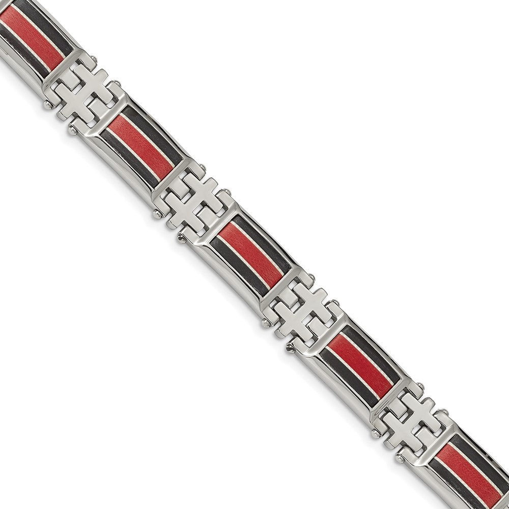 Chisel Stainless Steel Polished with Black Carbon Fiber and Red Fiberglass Inlay 9.25 inch Link Bracelet, 9.25 x 13.87 mm