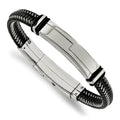 Chisel Stainless Steel Polished Braided Wire and Black Leather with Rubber Adjustable 8.25 to 8.75 inch ID Bracelet, 8 mm